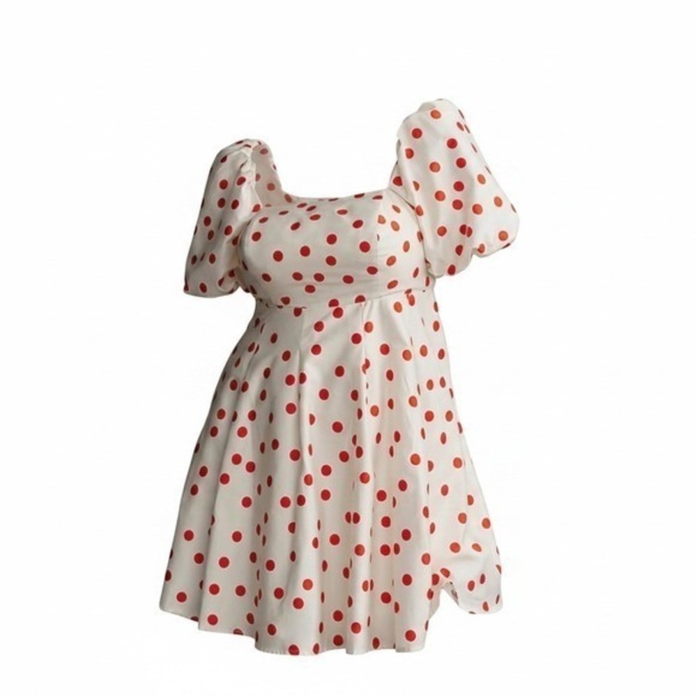 Eloquii Dress Size 20 White Red Polka Dot Puff Sleeve Smocked Back Fit Flare